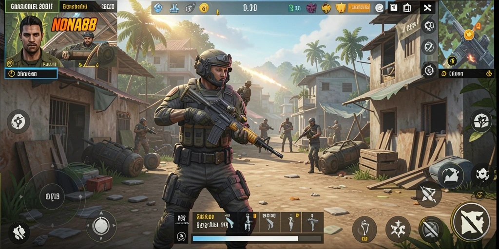 Screenshot gameplay menunjukkan pertempuran seru di arena Battle Royale NONA88.